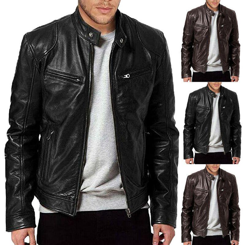 Classic Men's Faux Leather Jacket With Stand Collar For A Sleek Motorcycle Biker Look