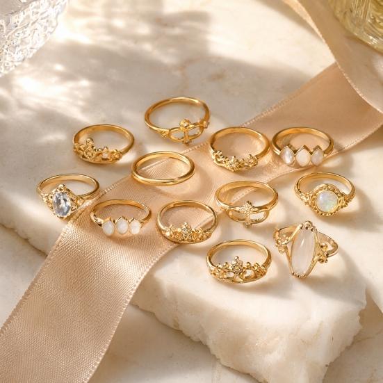 14-teiliges/Set Damen-Ringe Set, Hohlmusterringe in verschiedenen Größen mit farbigen Muschel-Intarsien, Stapelbares leichtes Schmuckgeschenk-Set