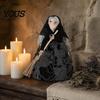 Spiderweb Gauze Skirt Halloween Kitchen Witch Doll, Small Statue with Broom, Layered Fabric Figure Tabletop Party Decoration for Table Fireplace