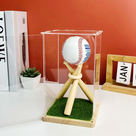 Baseball Display Case Transparent Acrylic Box with Wood Stand Dust-proof Display Box for Collectibles