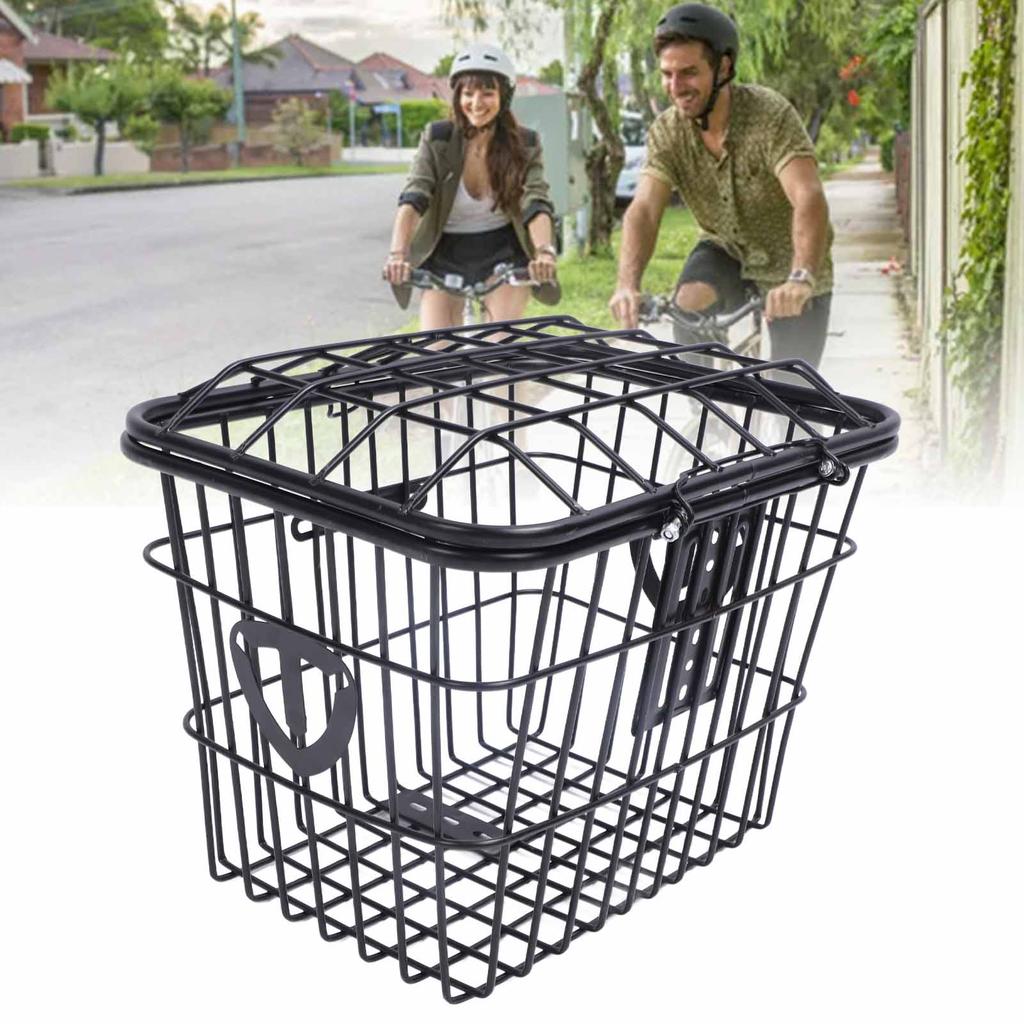 Electric Bike Basket Metal Bike Rear Storage Basket Large Capacity Cycling Basket with Lid for Bags Food Vegetable
