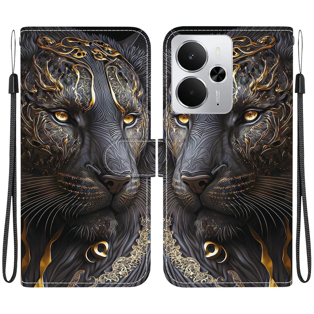 Ręcznie robione etui z klapką z PU skóry dla Realme 14, antypoślizgowe, wstrząsoodporne etui z paskiem na nadgarstek i wzorami serca/róży/kota