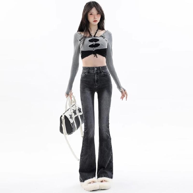 Women's High Waist Flare Jeans Slim Fit Bootcut Denim Pants Vintage Washed Streetwear Trousers