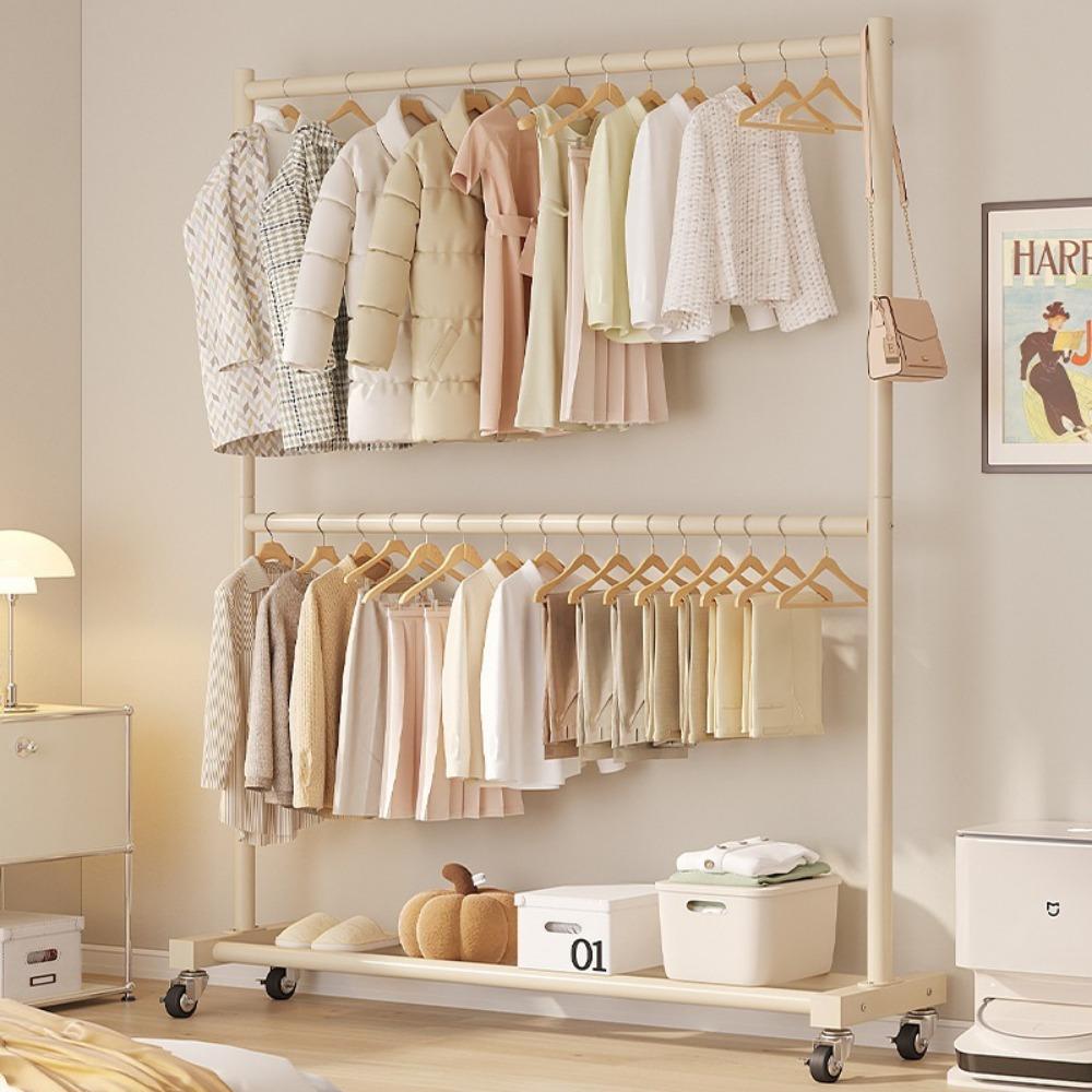 Movable Clothes Drying Rack Floor Stand Balcony Cloth Hanging Shelves With Wheels Metal No Slip Simple Living Room Coat Hanger
