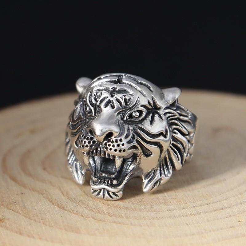 Adjustable Unisex Sterling Tiger Head Ring Punk Retro Geometric Statement Jewelry