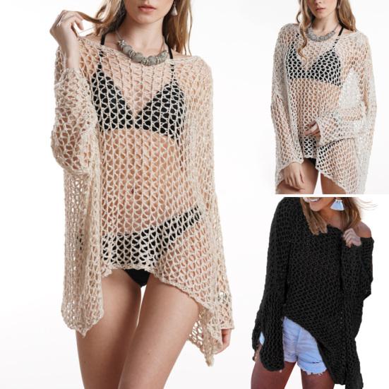 

Женское бикини с длинным рукавом, вязаный прозрачный солнцезащитный свободный топ