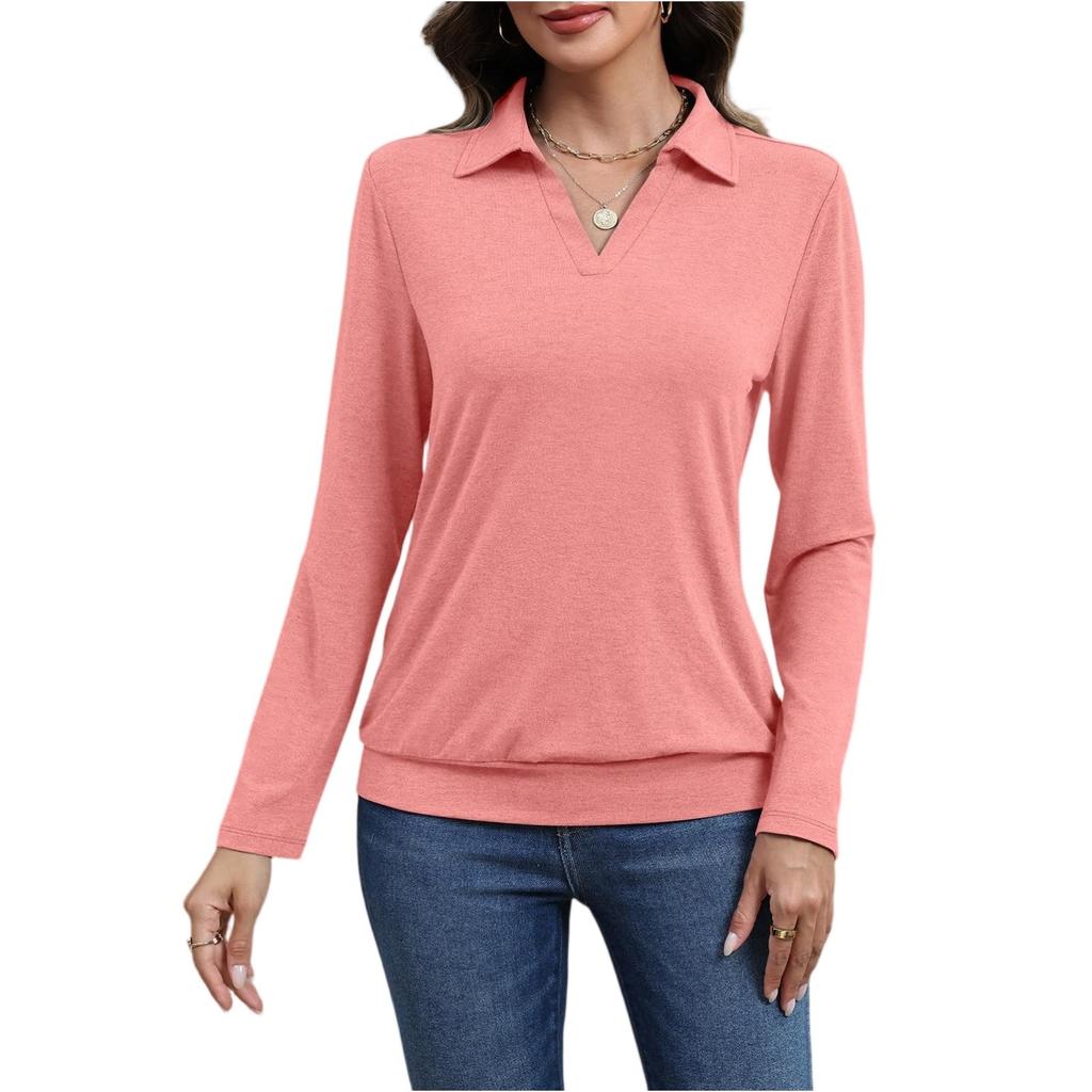 Damen Freizeit Langarm Locker Einfarbig V-Ausschnitt Oberteil