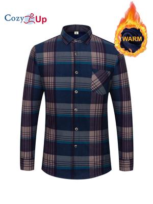 Casual Plaid Pattern Warm Shirt For Men Long Sleeve Shirt With Chest Pocket, Men Plus Fleece Thick Button Up Shirt