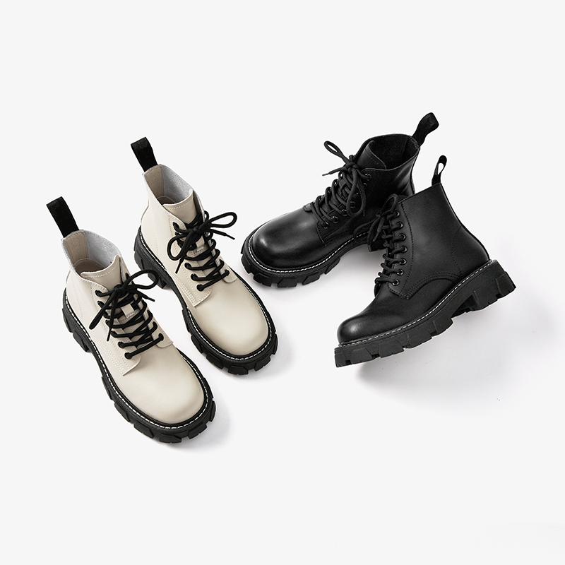 BeauToday Ankle Boots Women Synthetic Leather Round Toe Sewing Lace Up Closure Punk Platform Sole Female Shoes Handmade 04465