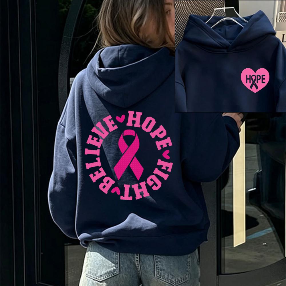 Believe Hope Fight Breast Cancer Awareness Hoodie Pink Ribbon Heart Letter Graphic Front Back Print Cancer Warrior Hooded Tops
