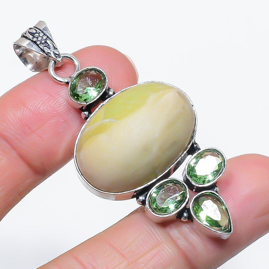 Natural Swiss Green Opal, Tsavorite 925 Sterling Silver Pendant 2.29" w5K14