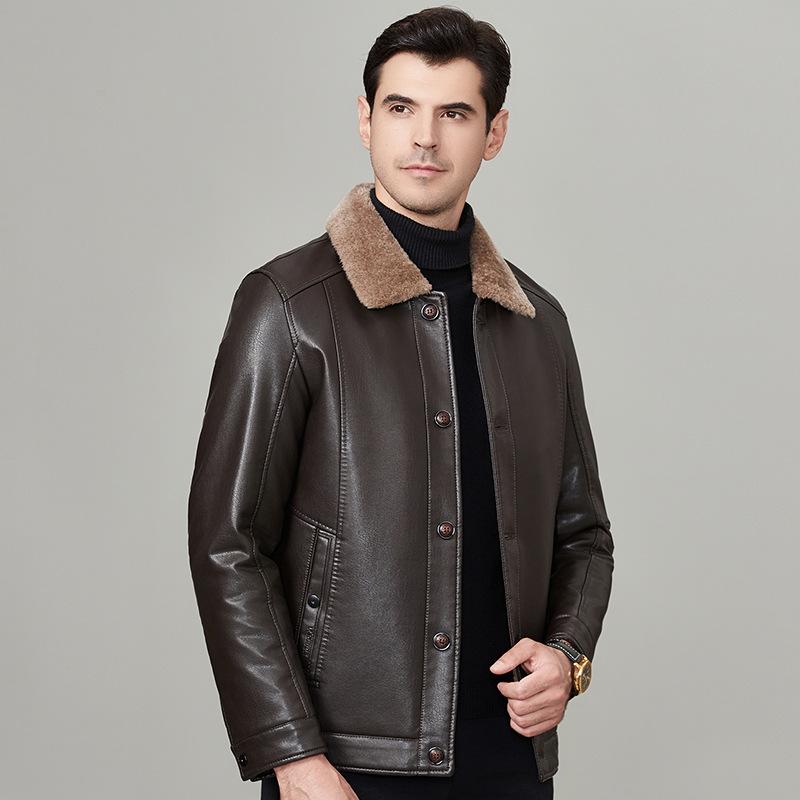 Genuine Leather Jacket for Men In Winter Sheepskin Fur One-piece Velvet Thickened Middle-aged Dad Jacket