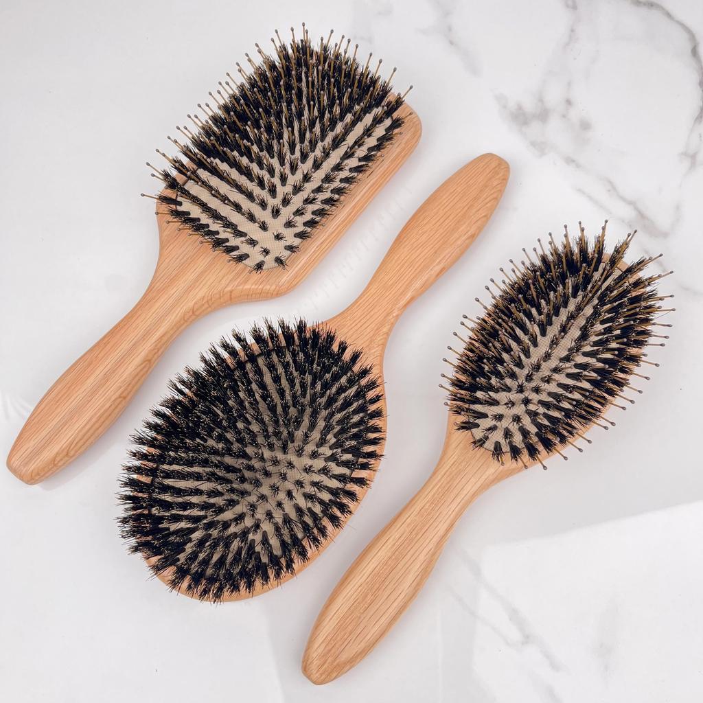 Premium Oak Wood Oval Paddle Hairbrush with Boar Bristles Cushion Detangling Massage Comb for Thin and Thick Hair Custom Logo