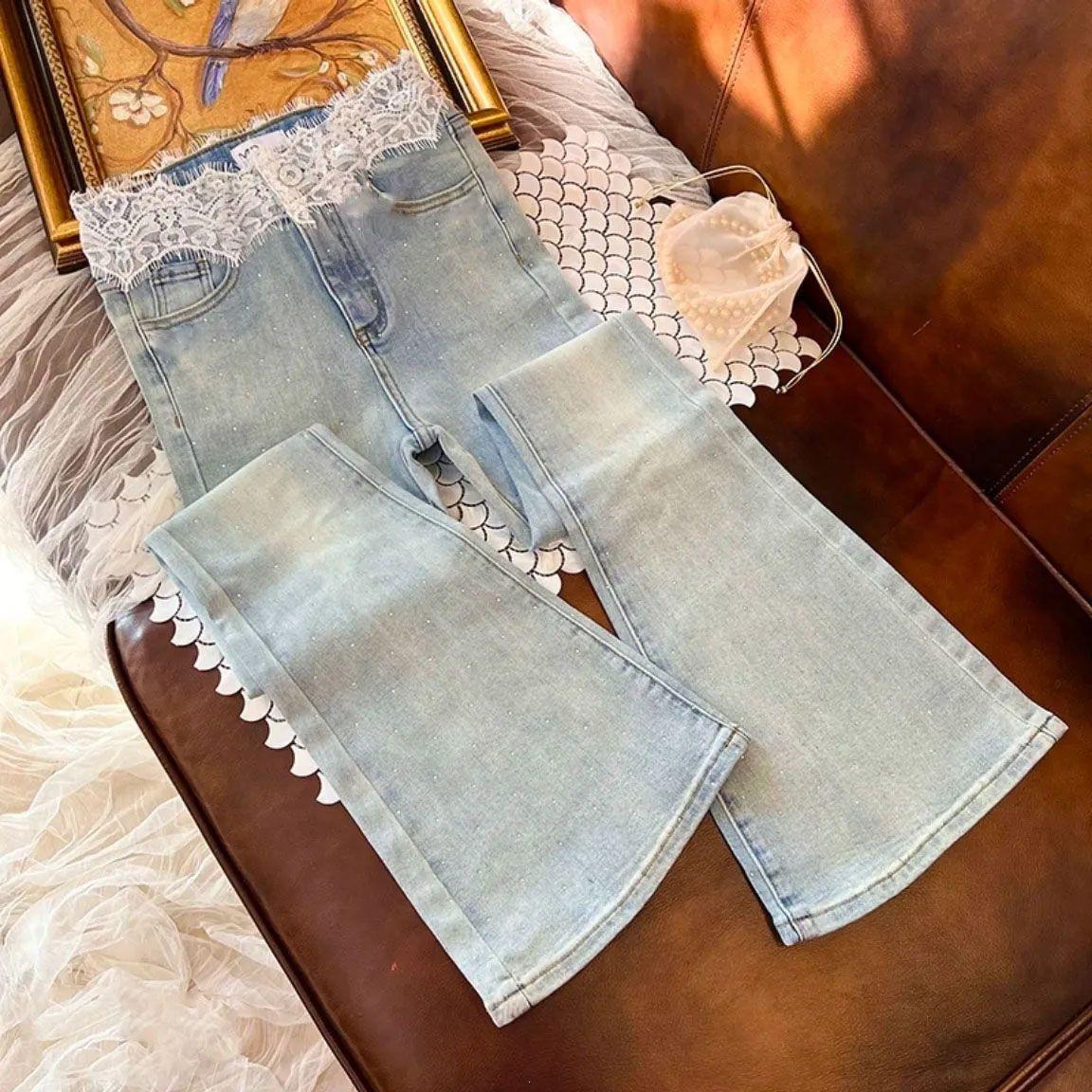 

Lace Gypsophila Light Blue High-Waisted Slimming Flared Jeans - 2026 Summer Collection S 75-95 kg