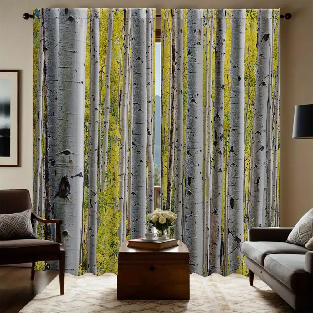 2PC Home Birch Forest Curtains With Landscape Background And Pole Pocket Curtains, Kitchen, Coffee Shop, Living Room