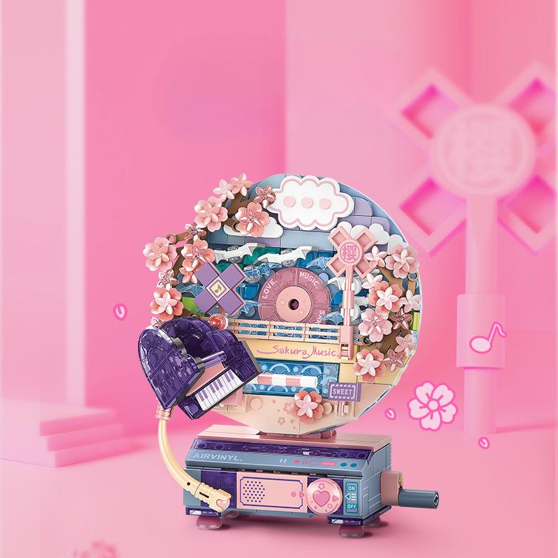 Building Block Flower Language Rotary Record Machine Is Compatible with Children's Assembled Educational Diy Toys