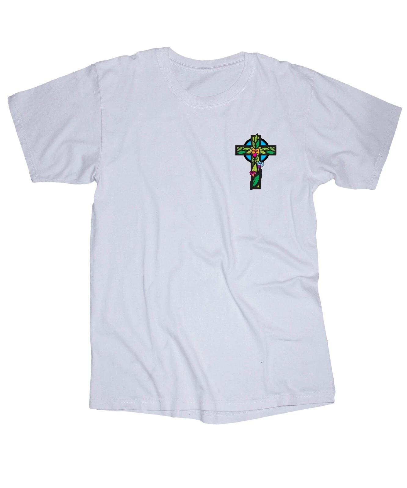 

Flowered Cross Jesus Religious Summer Spring white T-shirt 4XL