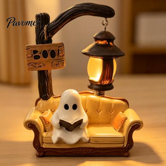 Creative Indoor Seasonal Display Halloween Ghost Reading Book Lamp, Cute Figurine Night Light with Book, Ornament 3D Resin Tabletop Statue,