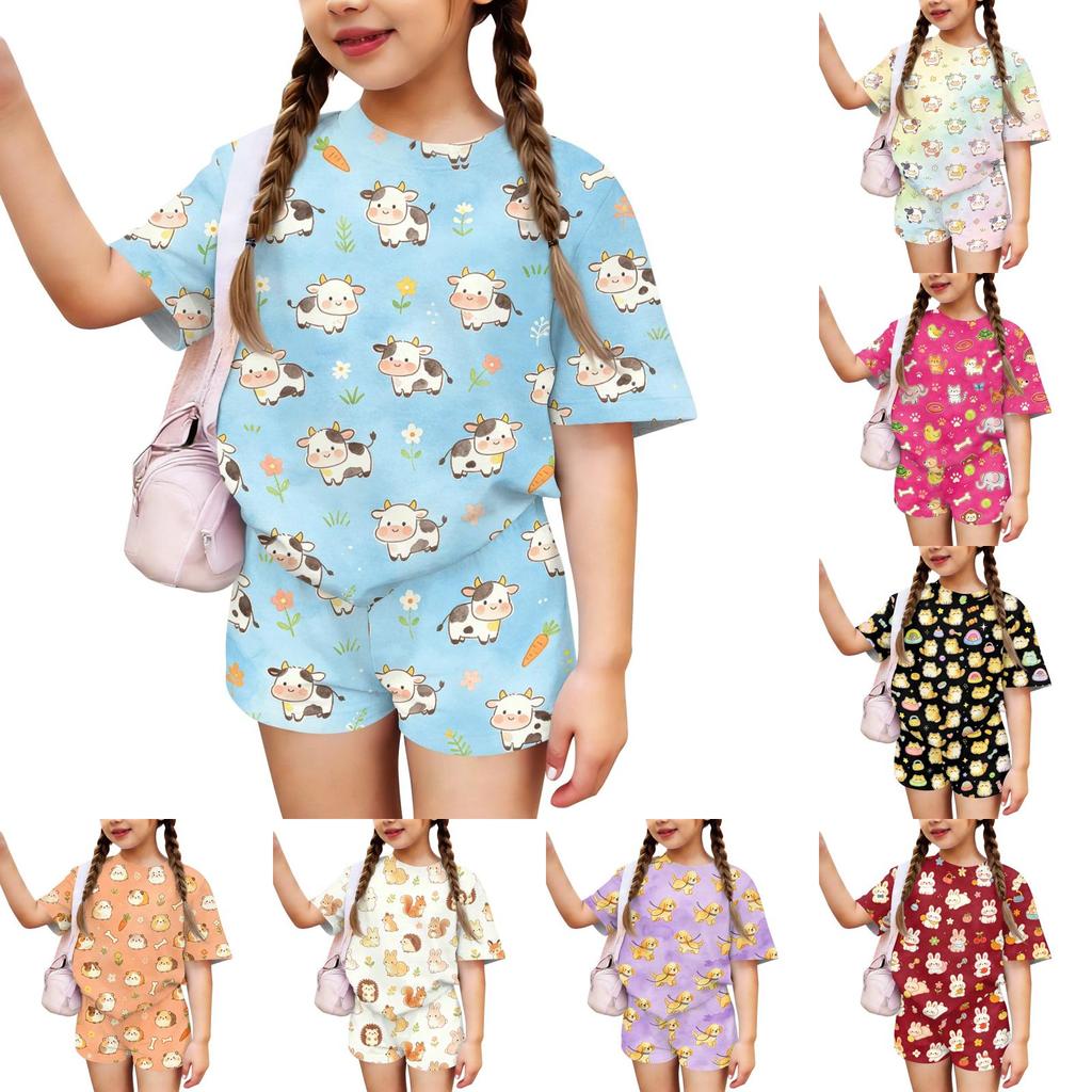 Kids Casual Short Sleeve Top and Shorts Set Animal Print Lightweight Soft Fabric Comfortable Fit Summer Outfit for Boys Girls