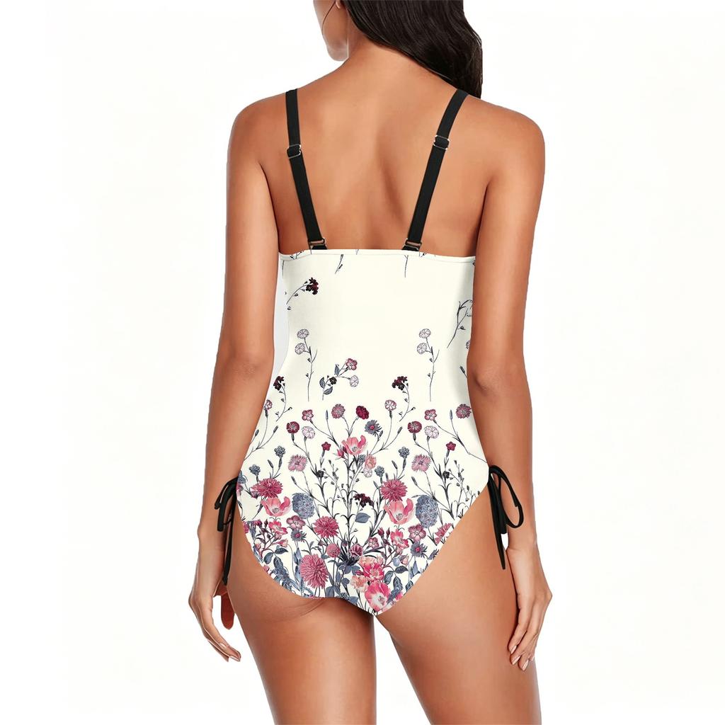 Swimsuit for Women with Floral Print Scoop Neck Adjustable Side Tie Bathing Suit Soft Fabric Swimwear