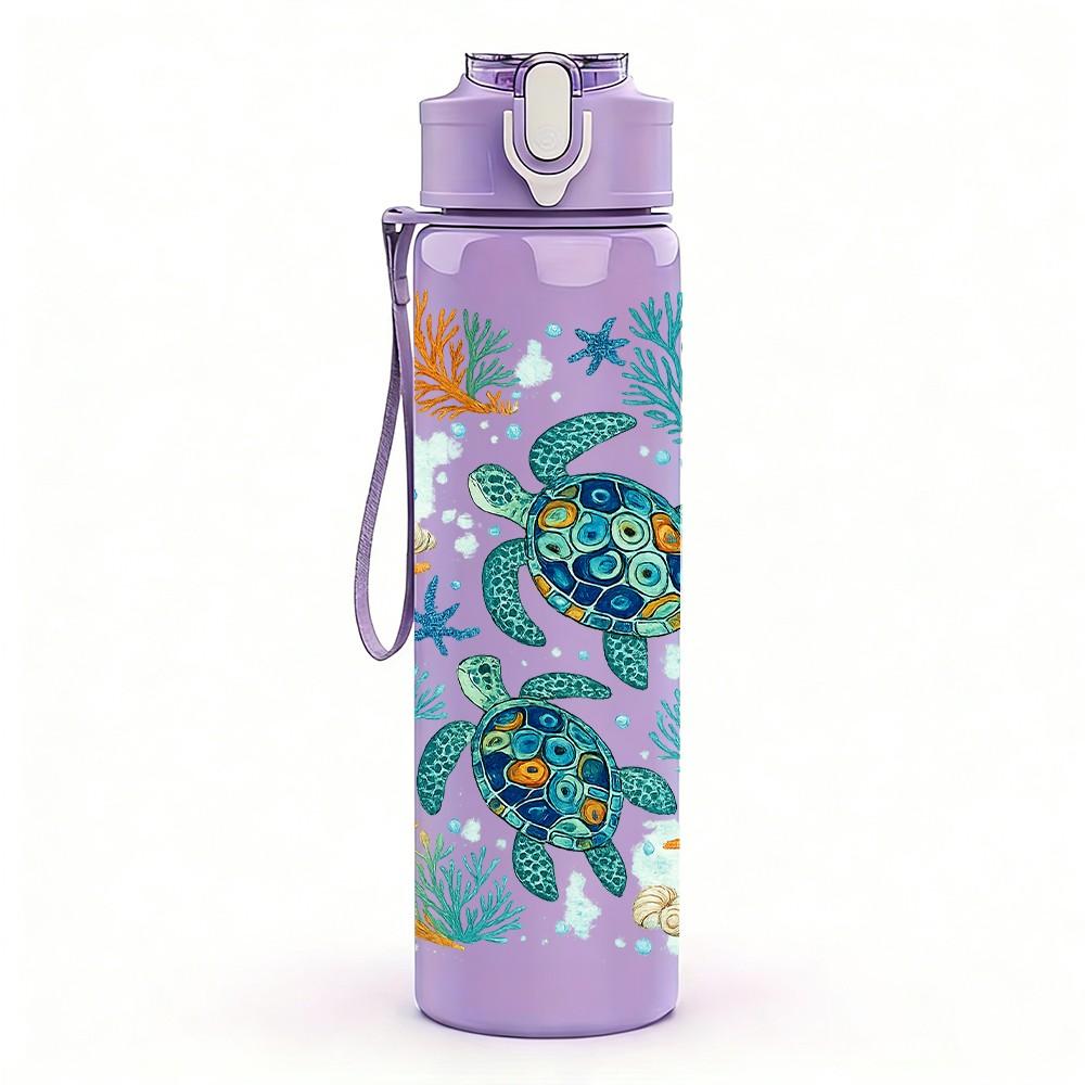1PC Sea Turtle Underwater Ocean Pattern Print 750ml Color Plastic Sports Water Bottle Leakproof Flip Straw Lid Suitable for Sports Office Home Use