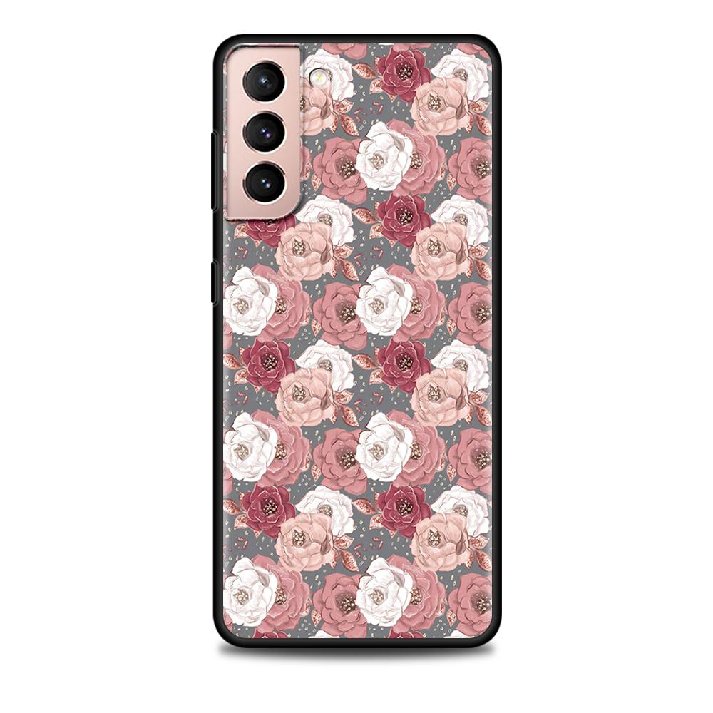 Pink Rose Bling Print Case for Samsung Galaxy S20 FE S21 S22 Ultra S10 Plus S9 S8 S10e S7 Edge Silicone Black Soft Phone Cover