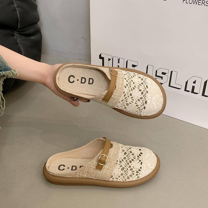 Fashion Breathable Weaving Hollow Out Women's Slippers Summer Flat Casual Mueller Shoes 2025 Women Linen Versatile Half Slides