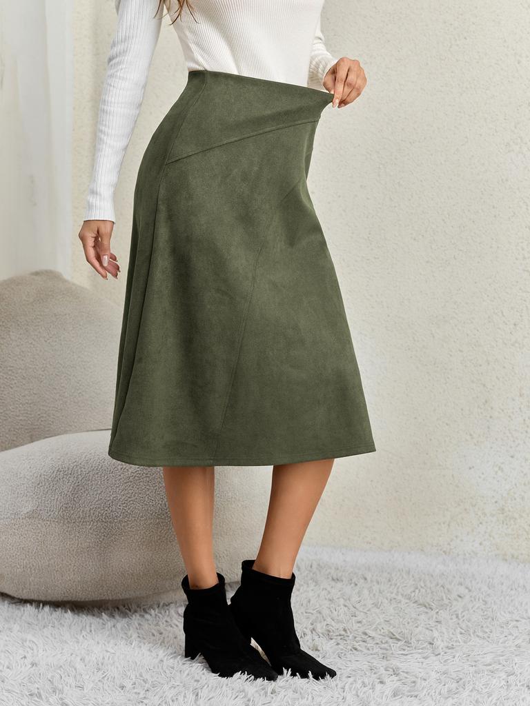 Damen Unifarbener Patchwork Wildleder Reißverschluss Rock Hohe Taille Schnalle Umwickelte Hüfte Kurzer Rock Mittellanger Rock