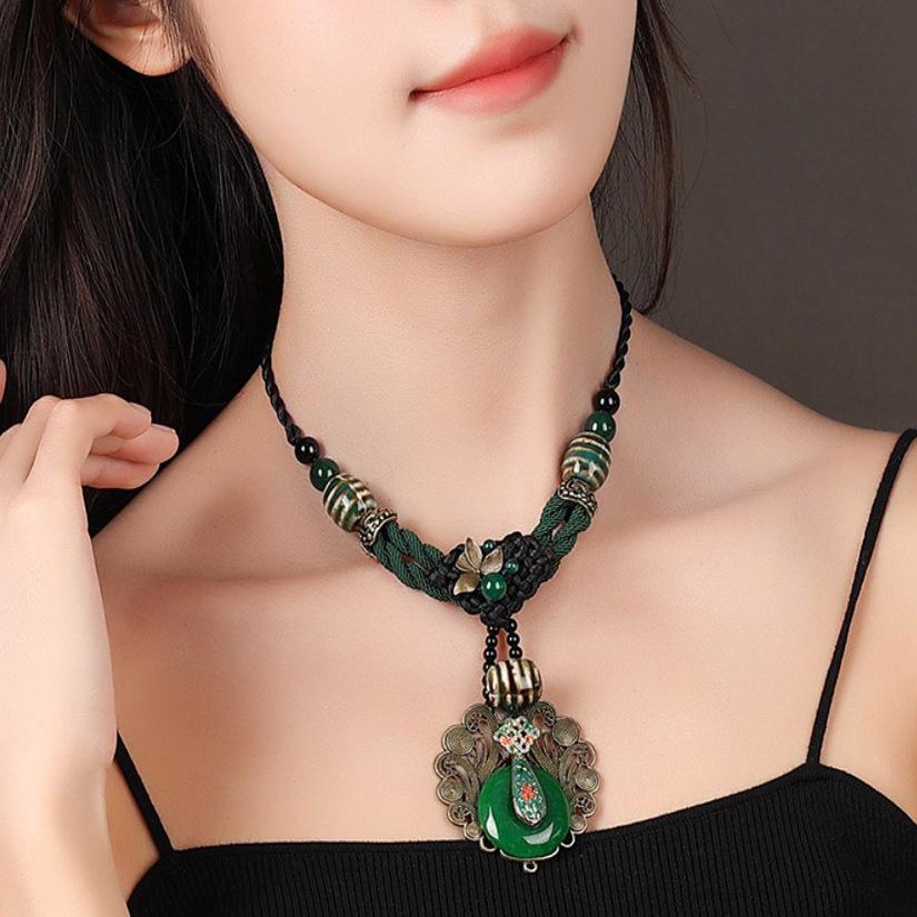 GEMCHIC Women s Vintage Chinese Ethnic Style Cloisonné Green Agate Pendant Necklace Braided Rope Choker Statement Jewelry S