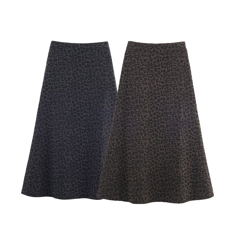 Za Export New Arrival Women's Clothing ZR Fashion Style Fashion All-Match Leopard Flocking a Version Crisp Long Skirt