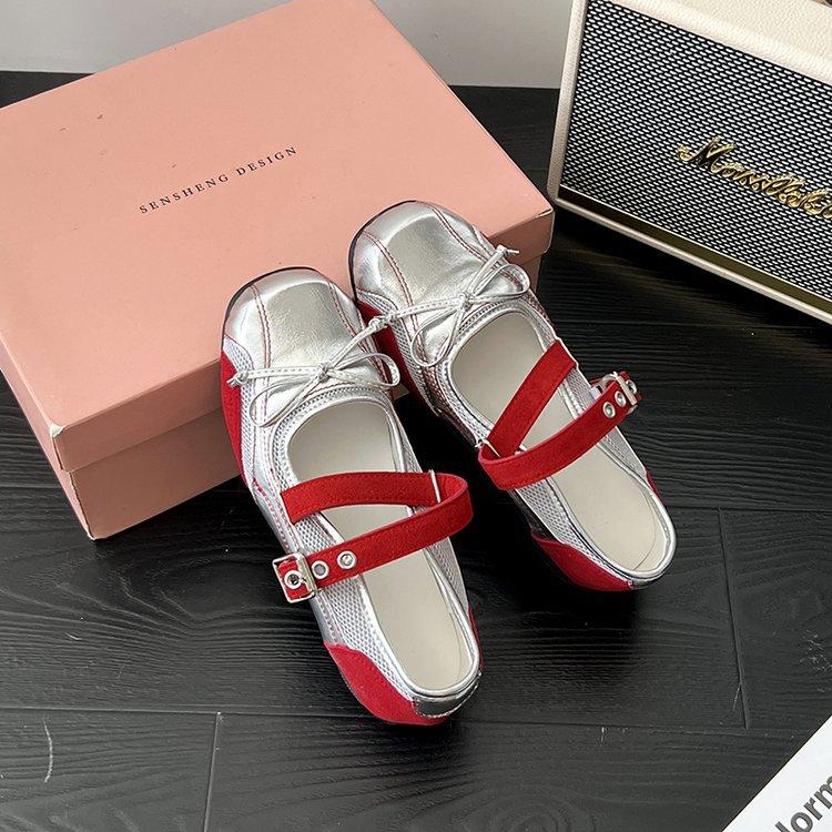 Silver Platform Single Shoes Women's 2025 Vintage Mary Jane Versatile Leather Bow Ballet Flats Women