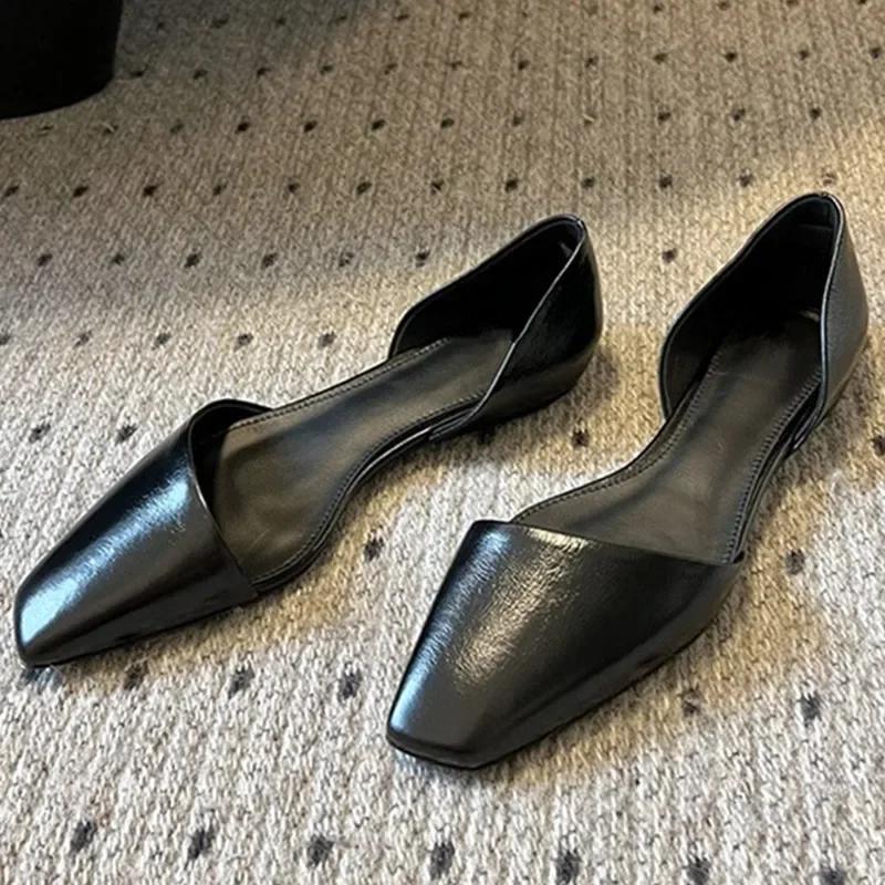 

High Quality Retro Leather Flats Shoes Women Fashion Oblique Square Toe Hollow Mules Sandals Cozy Ballet Flats Loafers 40 чорний
