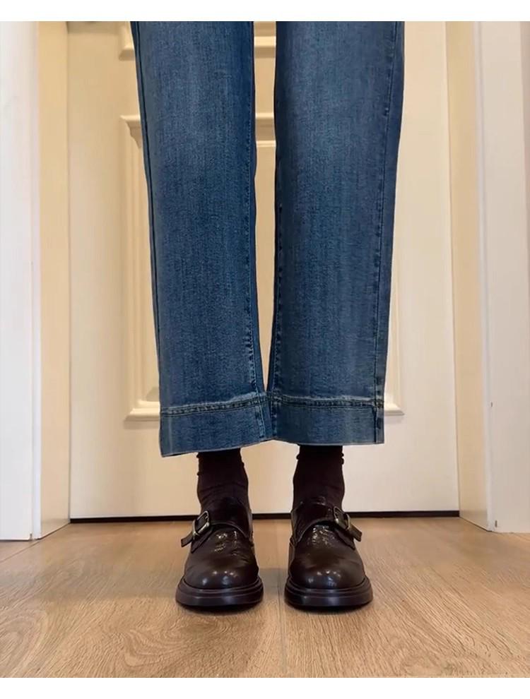 Dames Vaskbare Britisk Retro Ekte Skinn Chunky Hæl Loafers