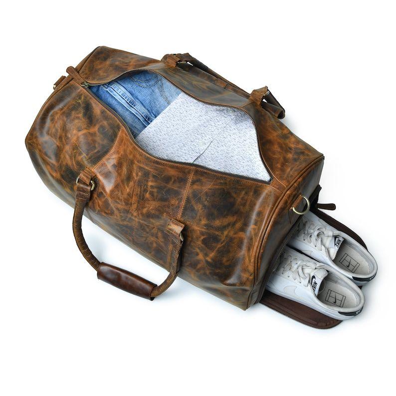Handmade Buffalo Leather Duffle Bag: Men's Weekend Travel Bag with Shoe Compartment