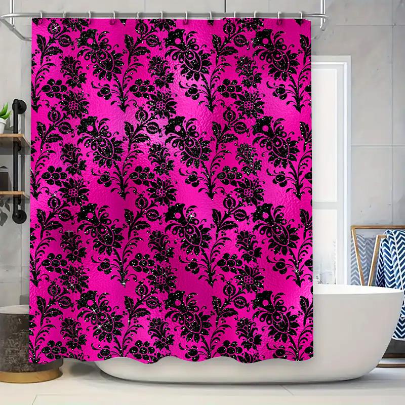 Luxury Bathroom Decor: Damask Print Shower Curtain in Black Pink with Floral Design Waterproof Fabric for Home Bath Decorations