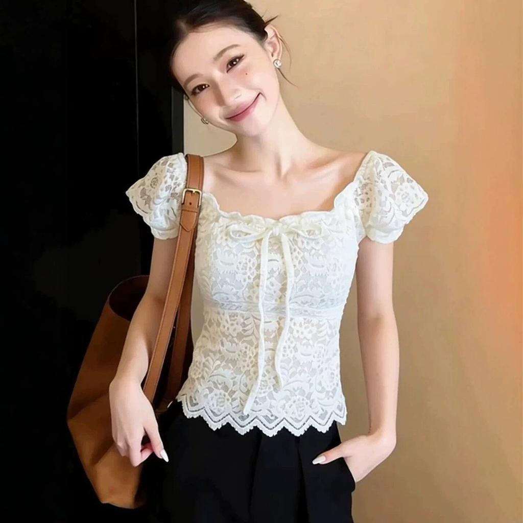 Korean Lace Shirt Splicing Square Neck Lace-up Short-sleeved T-shirt Women's Summer Design Pure Desire Style Spice Girl Slim Top