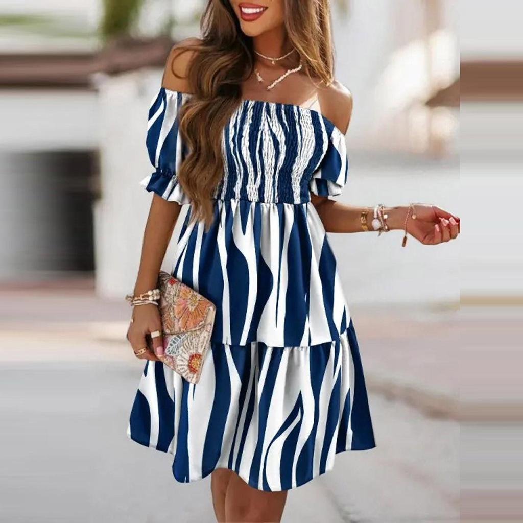 Women's Summer Fashion One Neck Short Gradient Printed Sleeve Mini Dress Ruffle Dress