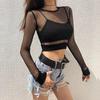 Beach Sexy Hollow Out Fishnet Long Sleeve Round Neck Women Slim Fit Crop Top