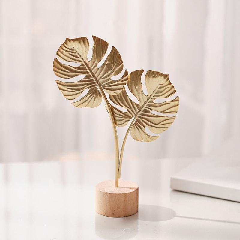 Nordic Iron Art Ginkgo Leaf Statue Sculpture with Wood Base Desktops Decorations Home Living Room Book Shelf Ornament