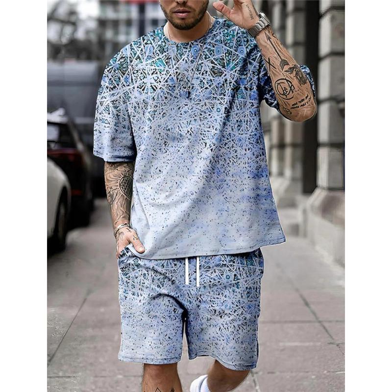 Summer Fashion Casual Men's Suit 3D Printed Sportswear Short-sleeved Suit Oversized Round Neck T-shirt Shorts 2-piece