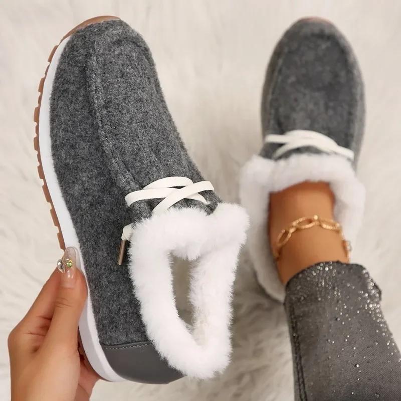 Fashion 2024 Hot Sale Shoes Female Lace Up Women's Flats Winter Round Toe Plush Fleece for Warmth Flat Casual Comfortable Snow Boots