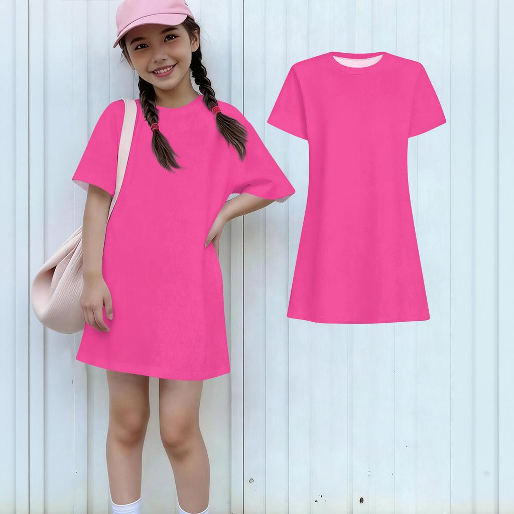 Girls Casual Sundress Kids Loose Round Neck Short Sleeve Lightweight Dress