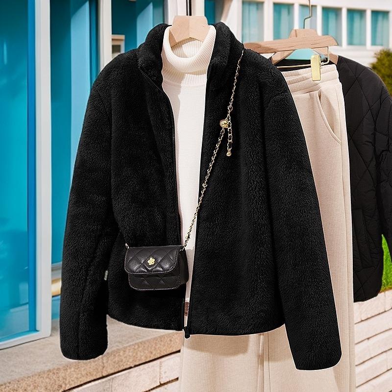 Autumn and winter coral fleece jacket women's fashion casual zipper sweater fleece loose stand-up collar age-reducing wear top tide