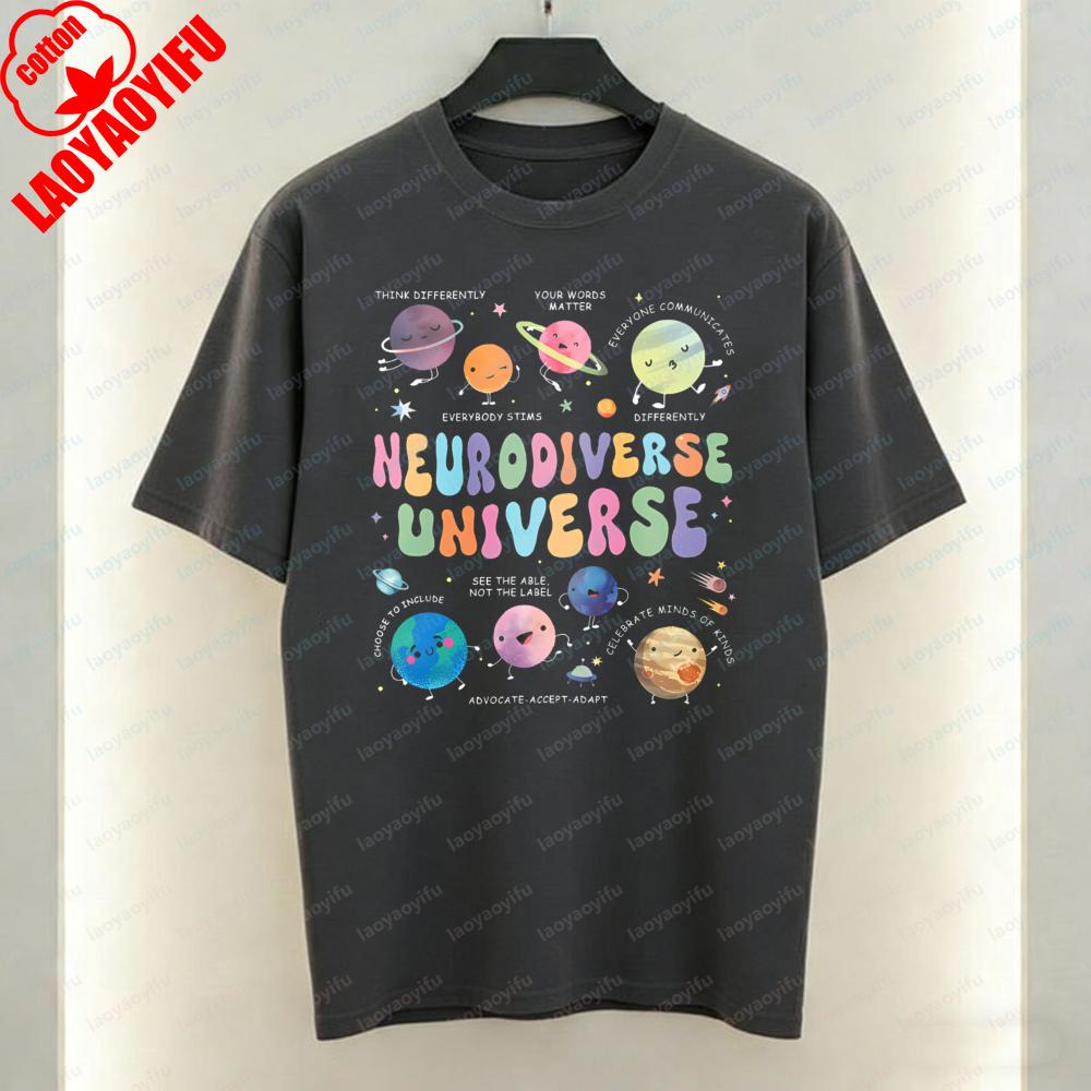 Autism Acceptance Women TShirt Neurodiverse Universe Print Tops Trendy Casual Cotton Tee Casual Style Kawaii Clothes Ropa Mujer