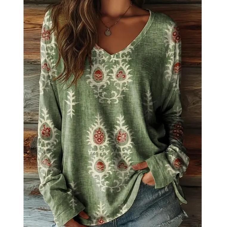 Vintage Women's T-Shirt Floral Graphic Plants Elegant Fashion T-shirts Long Sleeve V-Neck Regular Tops Pullover Fall Winter