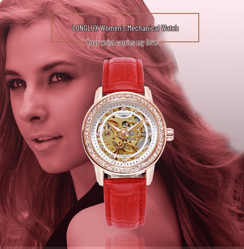 LONGLUX Women's Fashion Skeleton Automatic Watch with Water Resistance and Diamond Accents