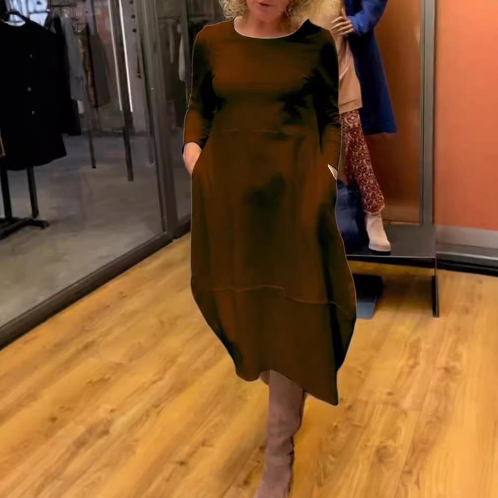 Versatile Solid Color Round Neck Long-Sleeve Dress for Women - Autumn/Winter Collection