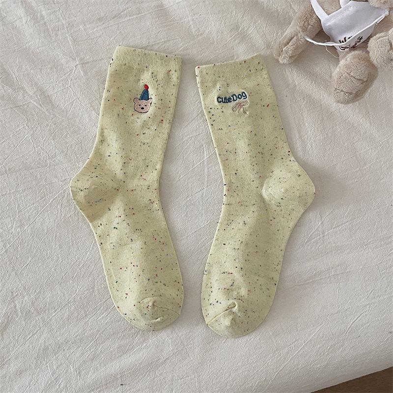Autumn Ab Side Embroidery Animal Bow Cartoon Cotton Socks Dot Gauze Pile Socks Women'S Socks