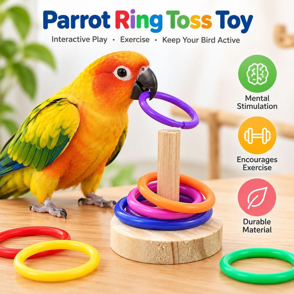 Colorful Rings Interactive Parrot Toy Wooden Base Wooden Bird Toy Bird Cage Enrichment