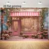 2D Pink Parisian Cafe Photography Backdrop, Floral Cake Shop with Striped Awning Background Cloth